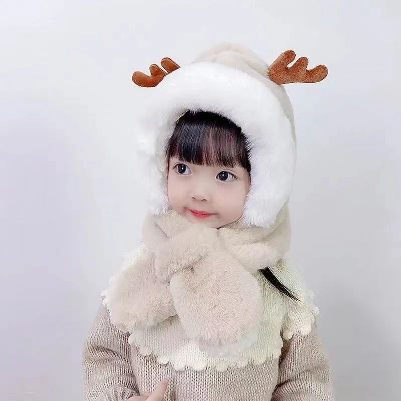 Winter outdoor children's hat scarf integrated boys and girls thick warm plush cute baby deer antler ear protection hat