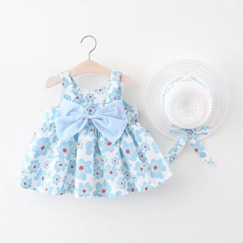Summer 2022 new Korean version of the sling dress female baby print bowknot princess dress one piece on behalf of 1070