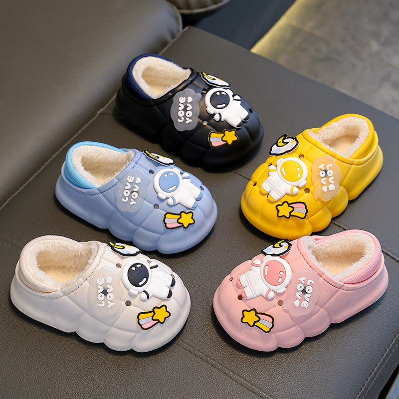Winter children's cotton slippers for boys and girls, non-slip, warm and velvet home bags, baby outer wear, children's furry cotton shoes