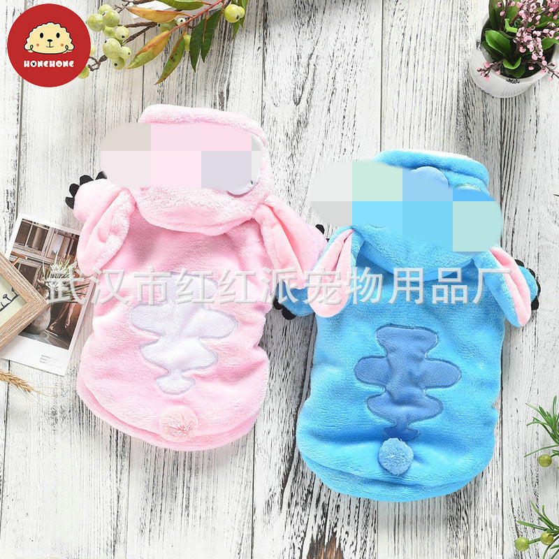 HONGHONG Stitch transformation costume winter flannel pet clothing cute two-legged dog clothes