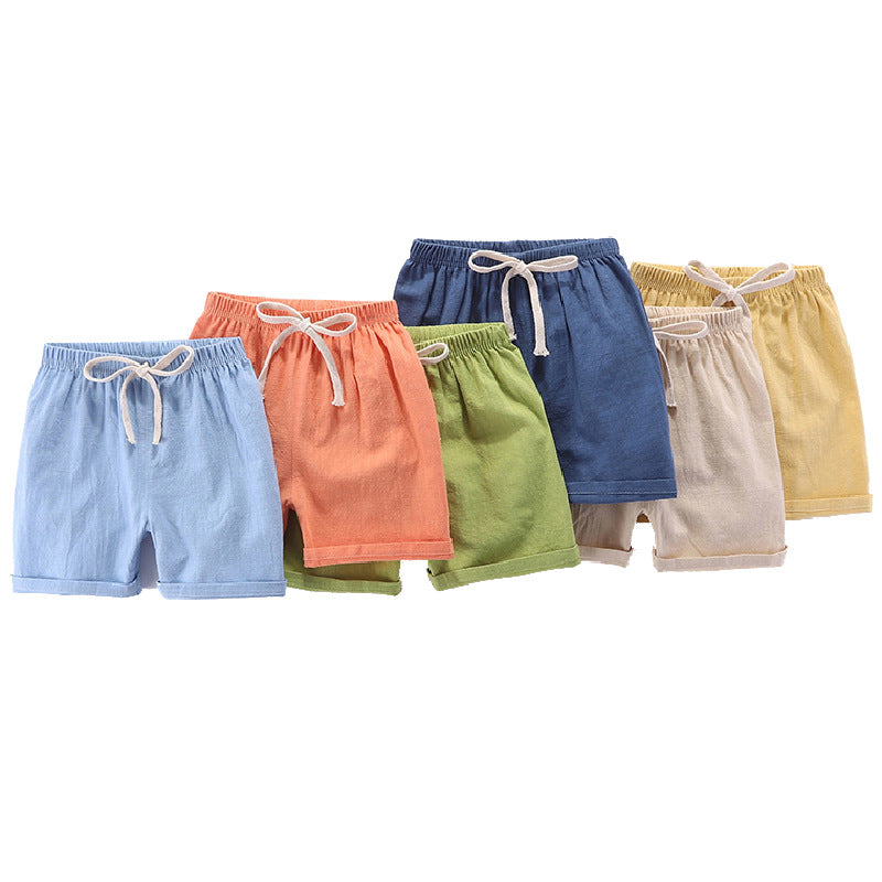 Children's shorts thin pure cotton and linen baby boys and girls outerwear pants shorts hot beach Da Maoren