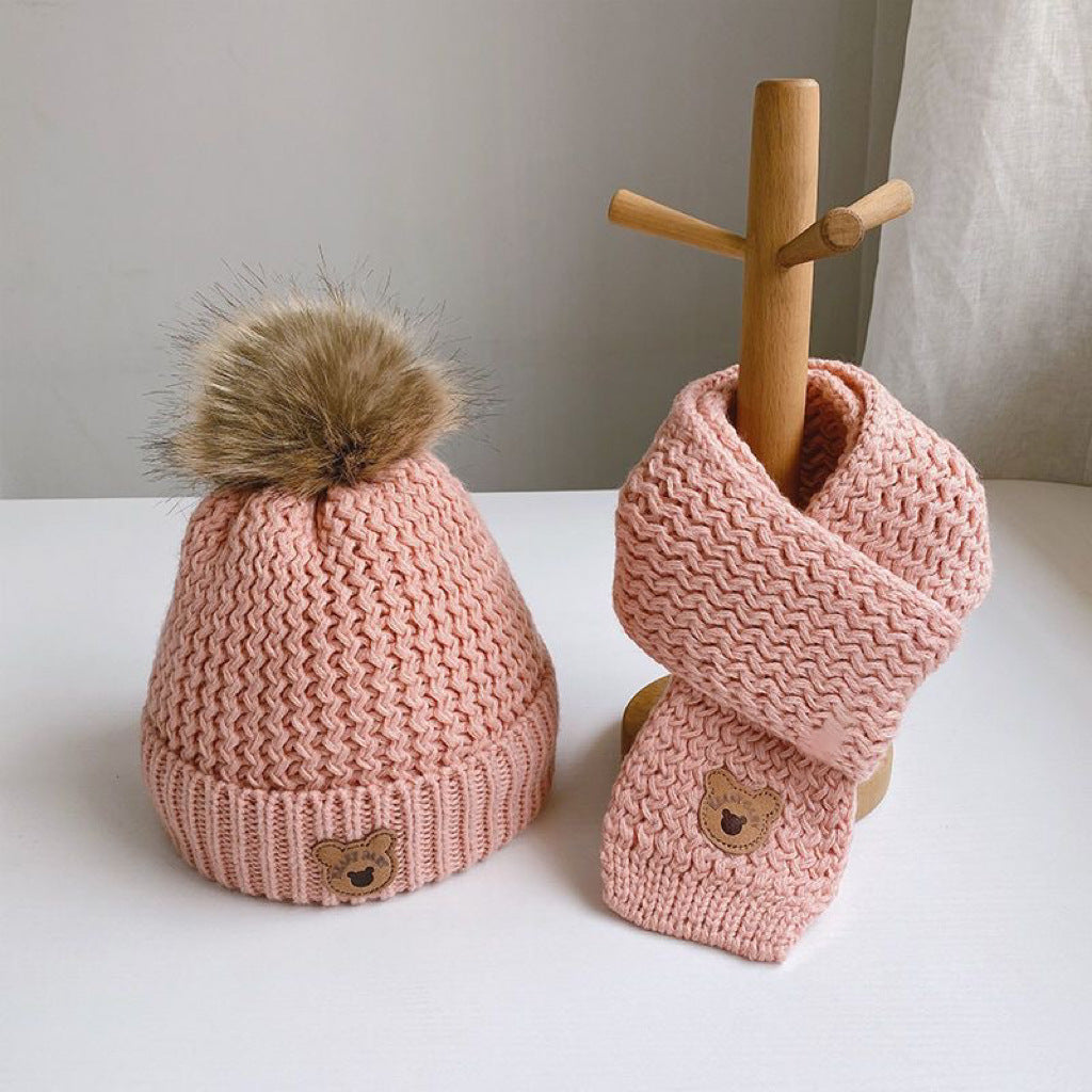 Children's hat scarf set for boys and girls winter warm cotton lining wool hat baby two-piece hat