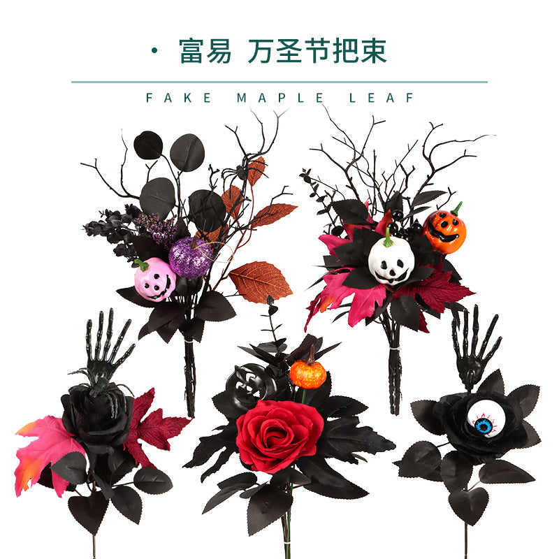 Halloween black maple leaf cuttings Ghost Festival horror home decoration simulation flower cuttings dead branches skull cuttings