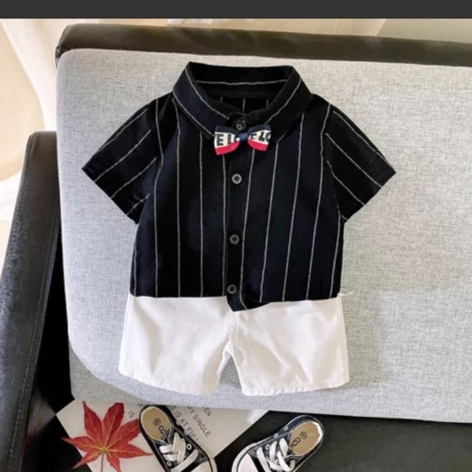 Boys summer clothes children's short-sleeved suits summer new style little boy baby fashion striped polo shirt two-piece suit trendy