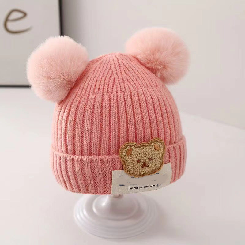 New autumn and winter children's warm hats cute bear double ball hats infant baby warm ear protection knitted wool hat