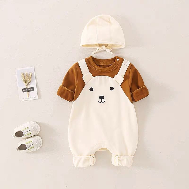Newborn baby autumn clothes cute super cute baby one-piece romper spring and autumn style full moon 100 days with hood outdoor crawling clothes