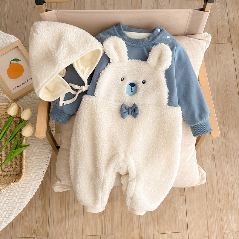 Newborn baby clothes, autumn and winter clothes for going out, cute baby boy jumpsuits, plus velvet, warm going out clothes, winter clothes