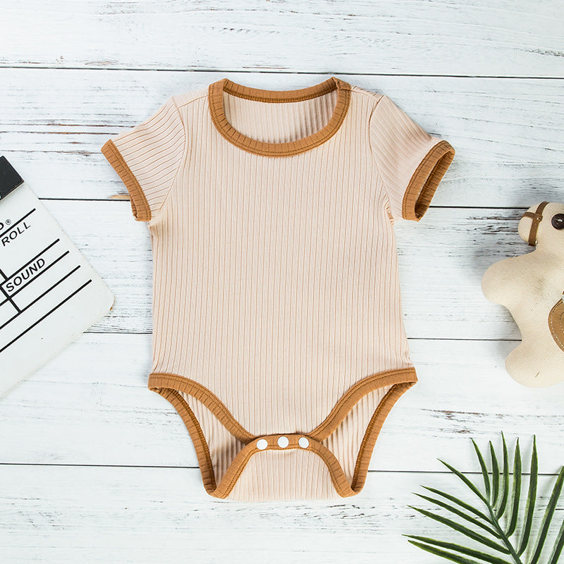 2025 Factory Wholesale Spring and Autumn New Baby Clothes Boys and Girls Short Sleeve Contrast Color Romper Crawling Clothes One-piece Clothes