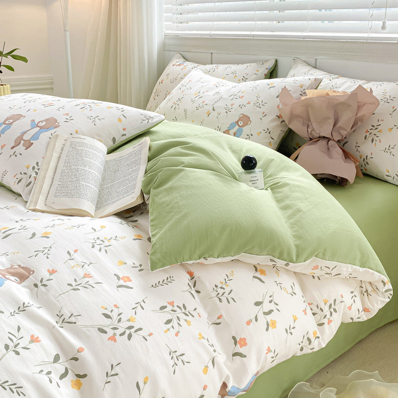 A-grade mother and baby grade four-piece set double-layer yarn pure washed cotton full quilt cover ins style bed sheet dormitory bed sheet 4 three-piece set