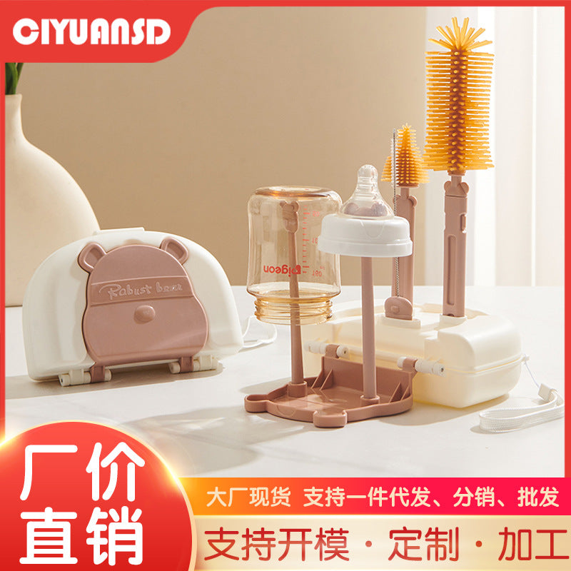 Infant cleaning brush set children's straw brush cup brush drain rack with storage box baby silicone bottle brush