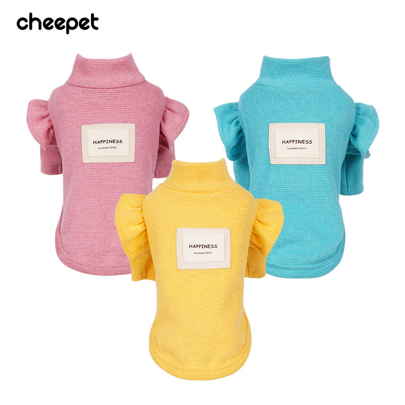 Autumn and winter new puppy two-legged clothes cotton solid color lace flying sleeves warm Bichon Teddy pet clothing
