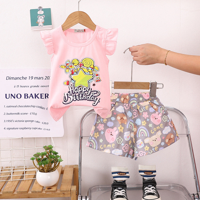 Korean children's clothing summer clothes girls summer cartoon flower vest suit 0-4 years old baby girl shorts two-piece suit trendy
