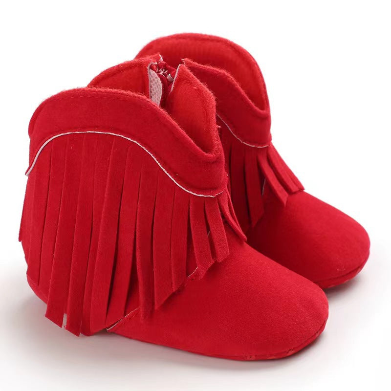 2023 Winter Baby Girls Long Tube Tassel Toddler Shoes Side Zipper Soft Sole Baby Toddler Shoes Baby Pre-Step Shoes