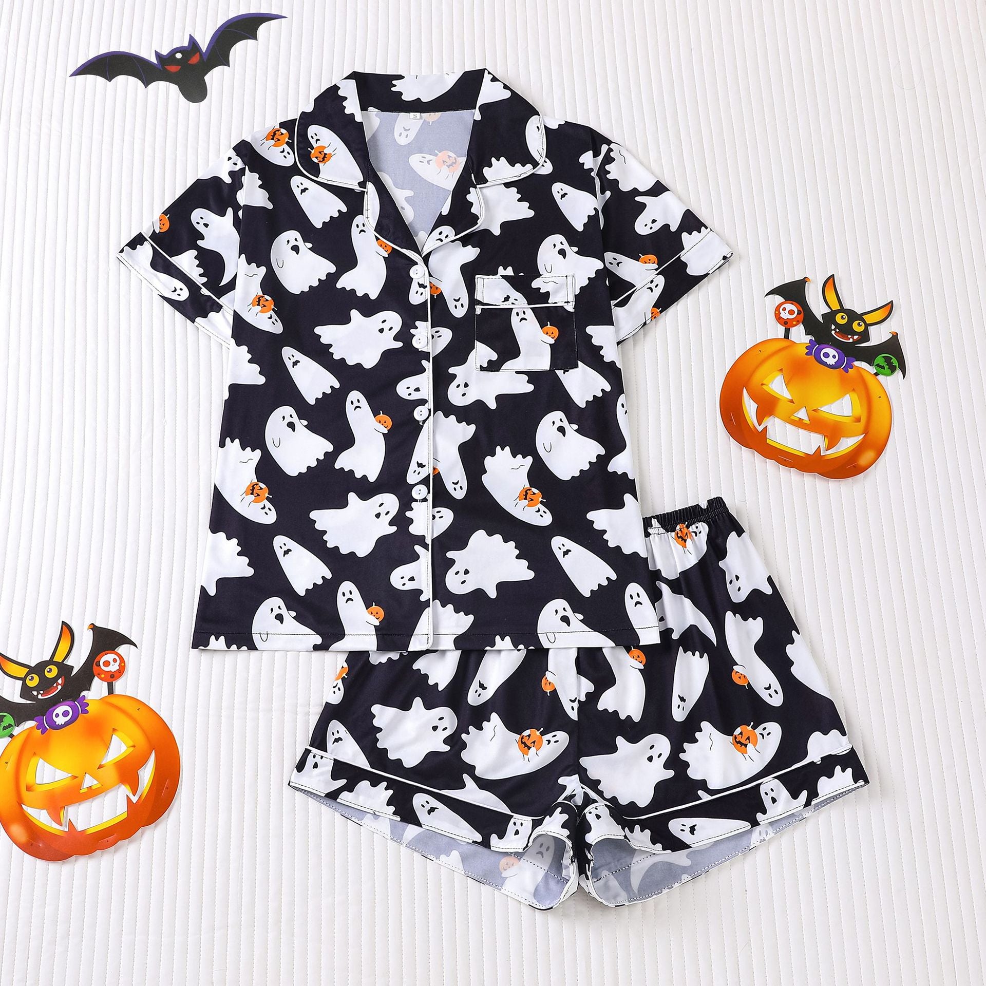 Cross-border foreign trade new European and American women's pajamas Halloween print lapel short-sleeved shorts European and American home clothes suit