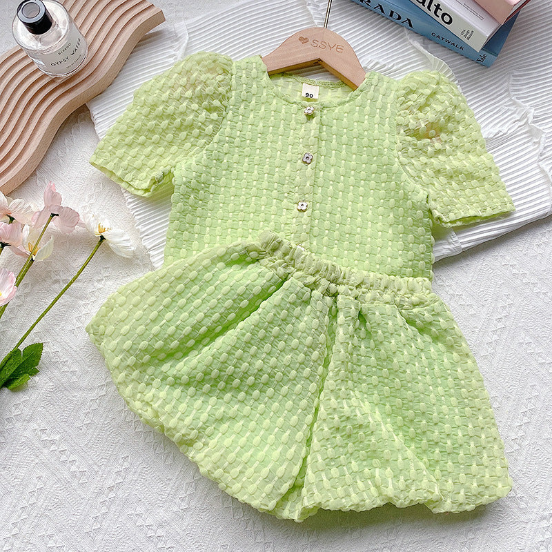 Girls suit 2023 summer new green baby girl solid color top shorts two-piece suit 11001