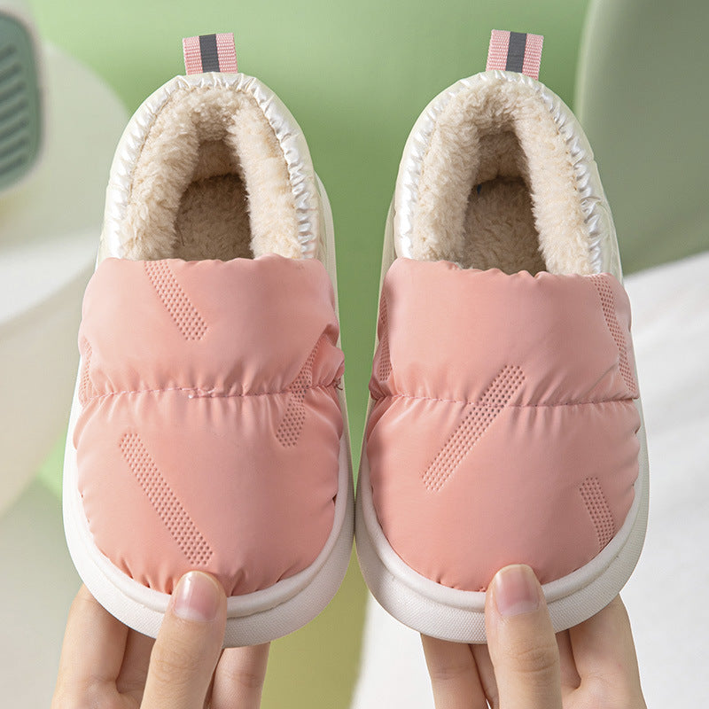 Children's cotton slippers for winter with heels, waterproof and non-slip, small, medium and large boys and girls, thick soft sole, plus velvet, warm baby cotton shoes