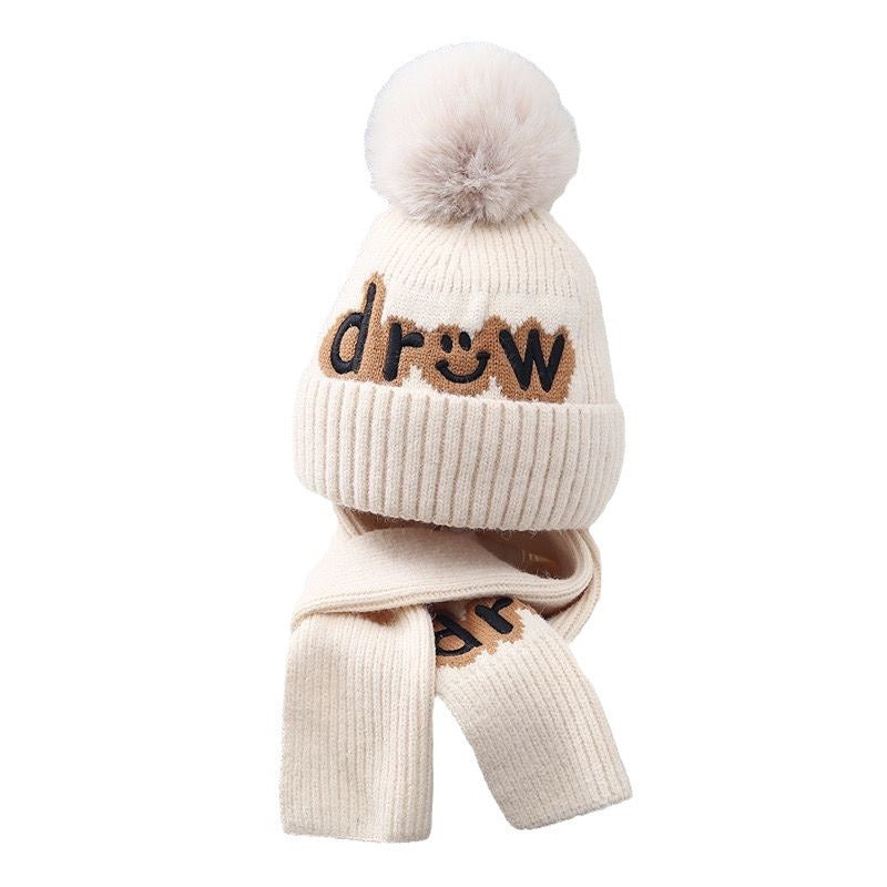 Children's hat scarf set for boys and girls winter warm cotton lining wool hat baby two-piece hat