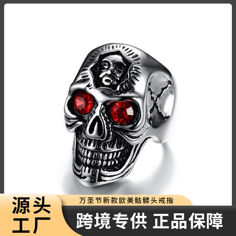 Halloween new European and American skull ring retro crack ghost head ring rock inlaid ruby men's ring