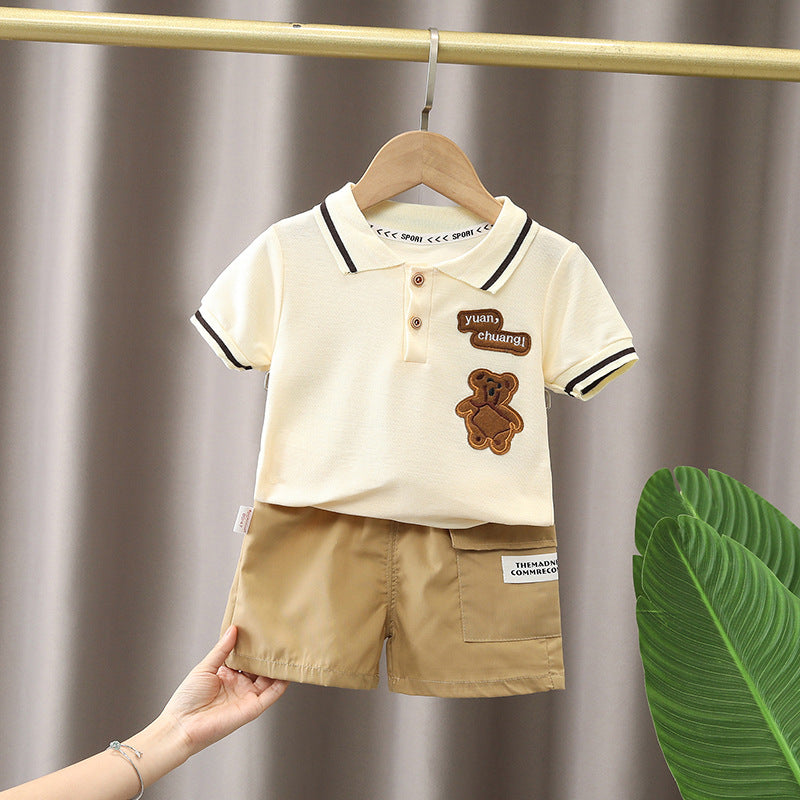 Boys summer clothes children's short-sleeved suits summer new style little boy baby fashion striped polo shirt two-piece suit trendy