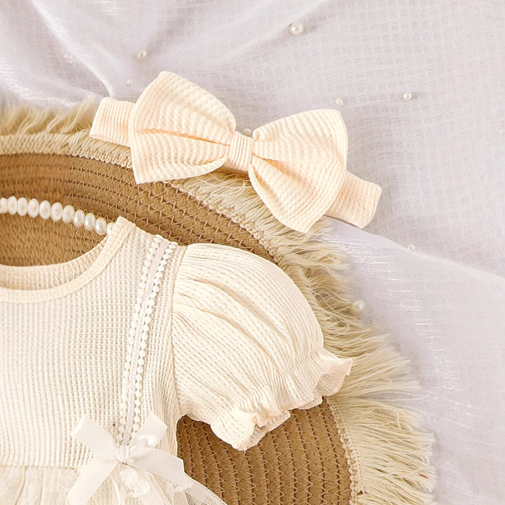 Amazon foreign trade baby suit European and American style summer puff sleeve splicing mesh bag fart romper foot socks headband