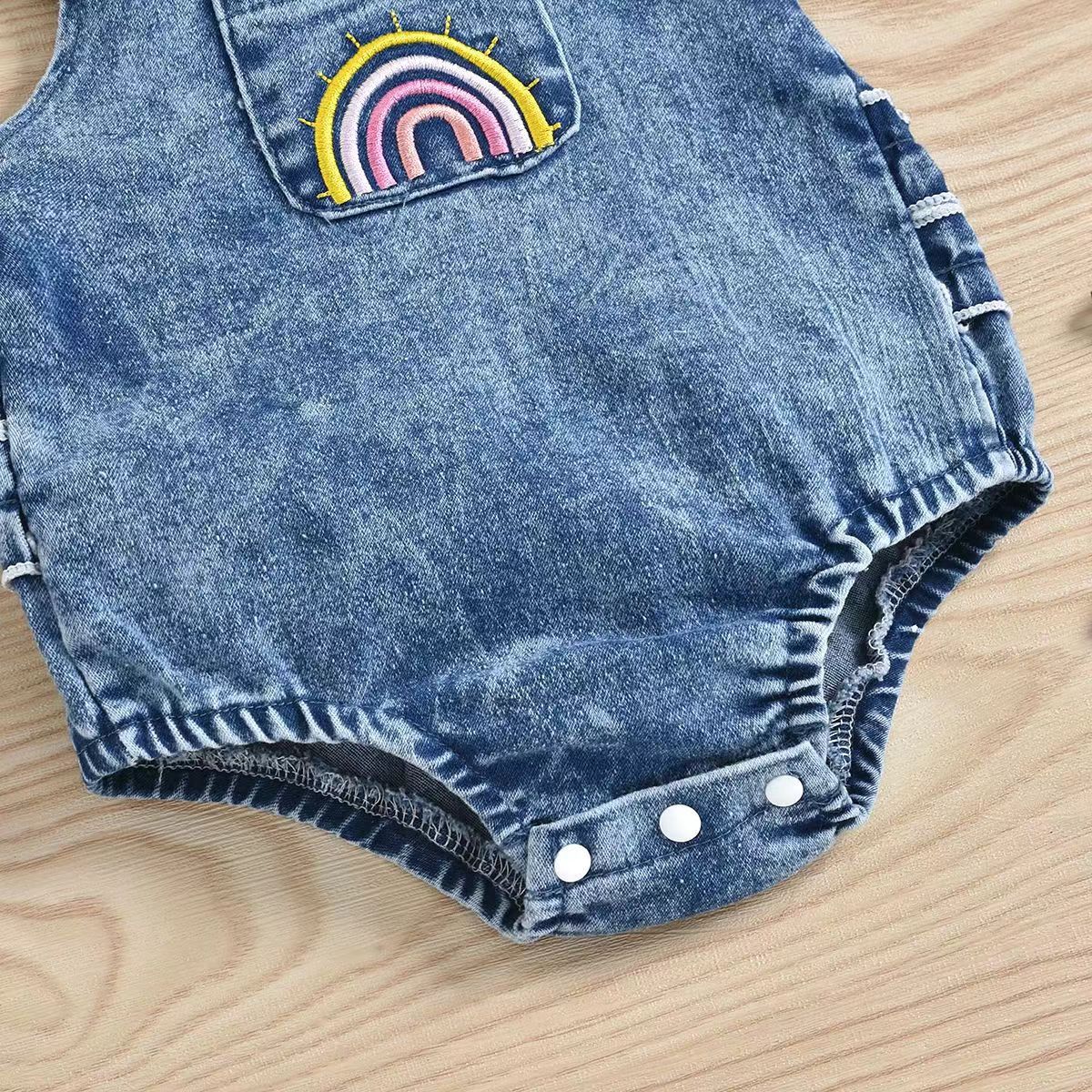 2025 Cross-border infant and toddler summer versatile baby girl colorful red embroidery blue denim suspenders bellyband romper