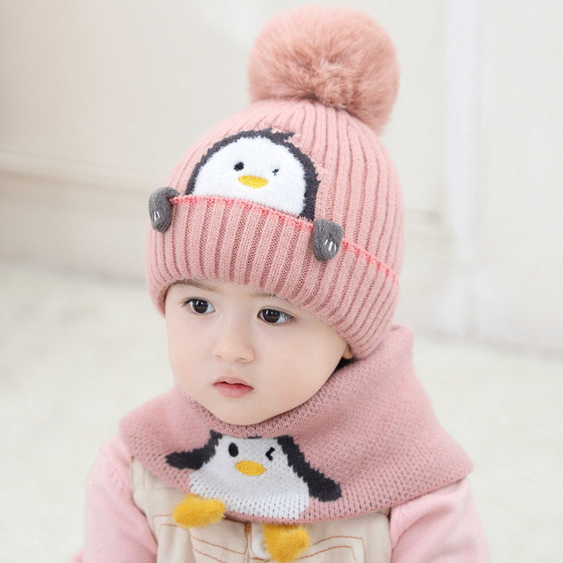 New autumn and winter children's warm hats cute bear double ball hats infant baby warm ear protection knitted wool hat