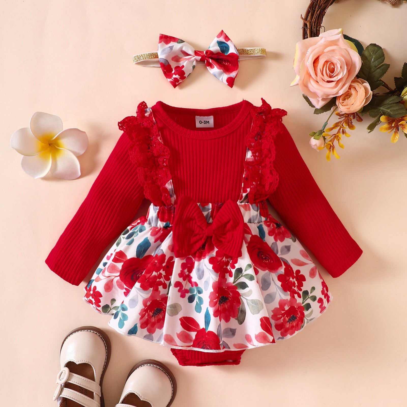 Baoxin cross-border children's clothing wholesale baby girl autumn new lace cotton pit strips splicing flowers full print one-piece romper