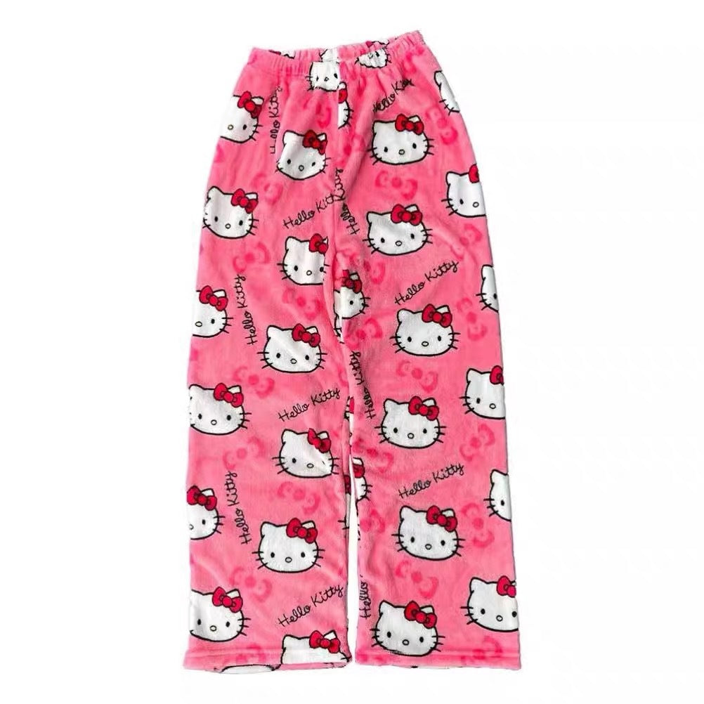 Foreign trade Halloween cartoon KT cat flannel pajamas women autumn and winter plus velvet warm leisure home graffiti pants