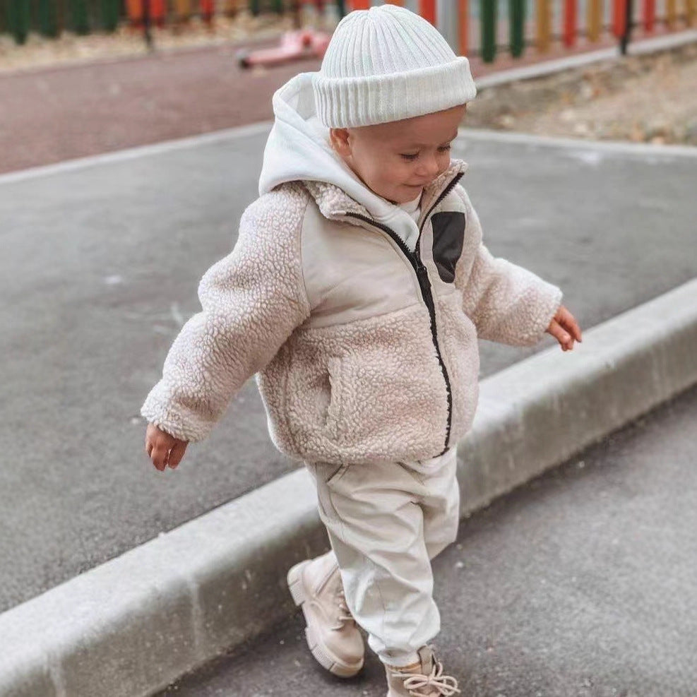 Children's clothing children's winter cotton-padded coat baby girl loose splicing lamb wool plus velvet sweater neutral thick warm coat