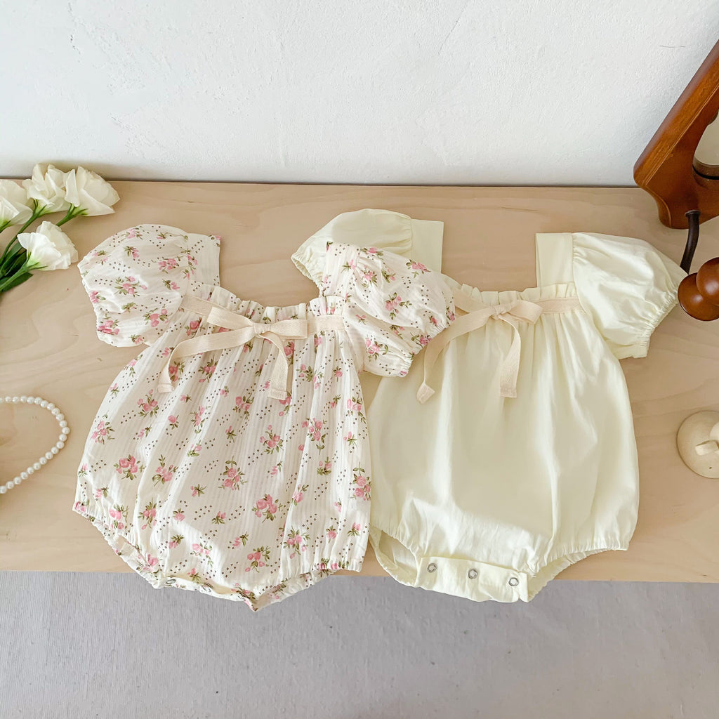 2023 Summer Infant and Toddler Jumpsuit Small Floral Bow Knot Baby Girl Puff Sleeve Harness Covered Romper