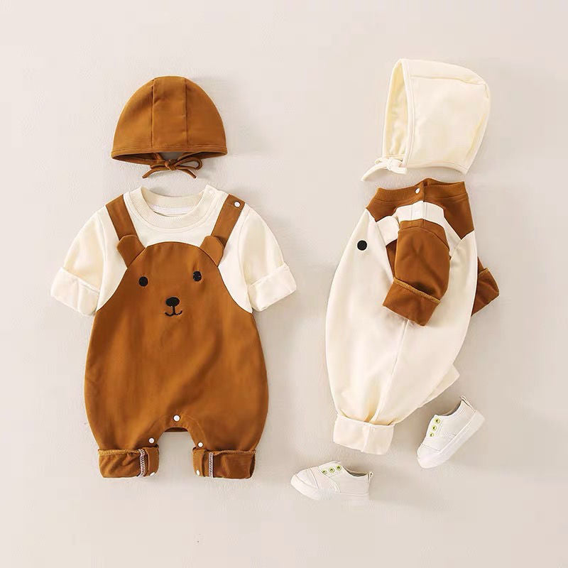 Newborn baby autumn clothes cute super cute baby one-piece romper spring and autumn style full moon 100 days with hood outdoor crawling clothes