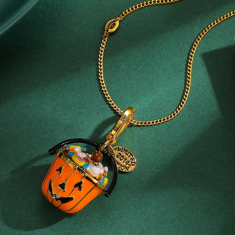 Foreign trade cross-border fashion enamel glaze eye candy pumpkin bucket pendant necklace portable basket Halloween gift
