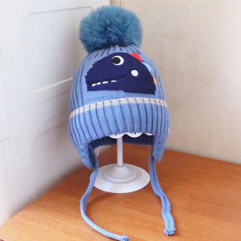 New autumn and winter children's warm hats cute bear double ball hats infant baby warm ear protection knitted wool hat