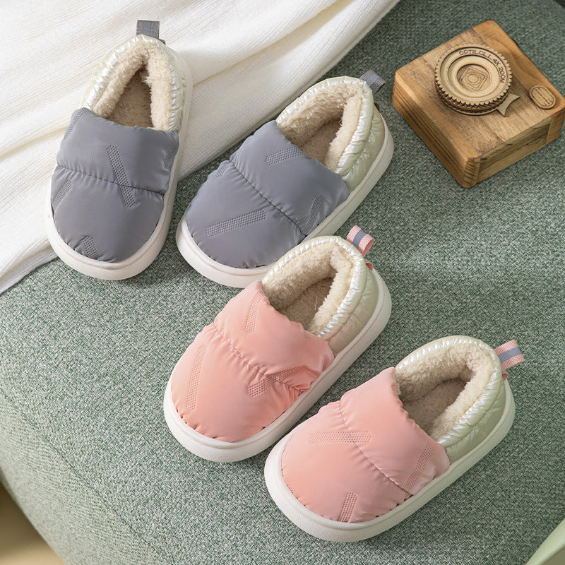 Children's cotton slippers for winter with heels, waterproof and non-slip, small, medium and large boys and girls, thick soft sole, plus velvet, warm baby cotton shoes