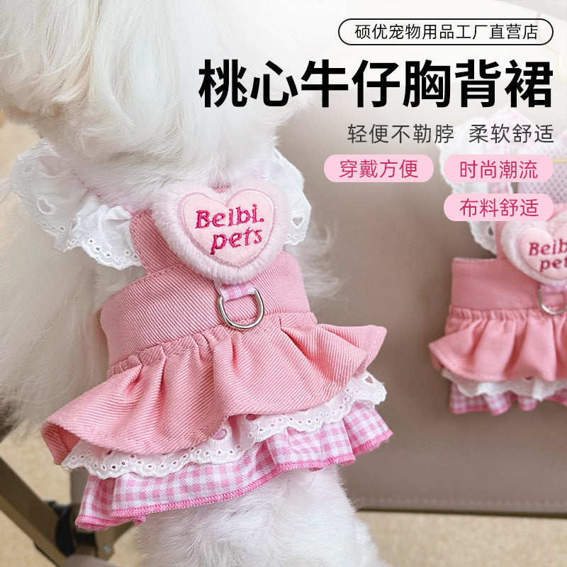 Pet spring and summer dog cat traction chest back 24 peach heart denim skirt clothes breathable chest back