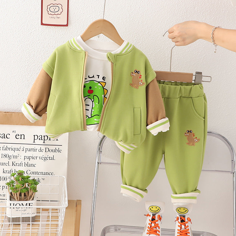 Boys spring suit 2025 new stylish baby spring suit cartoon baseball three-piece suit dinosaur baby children's suit a