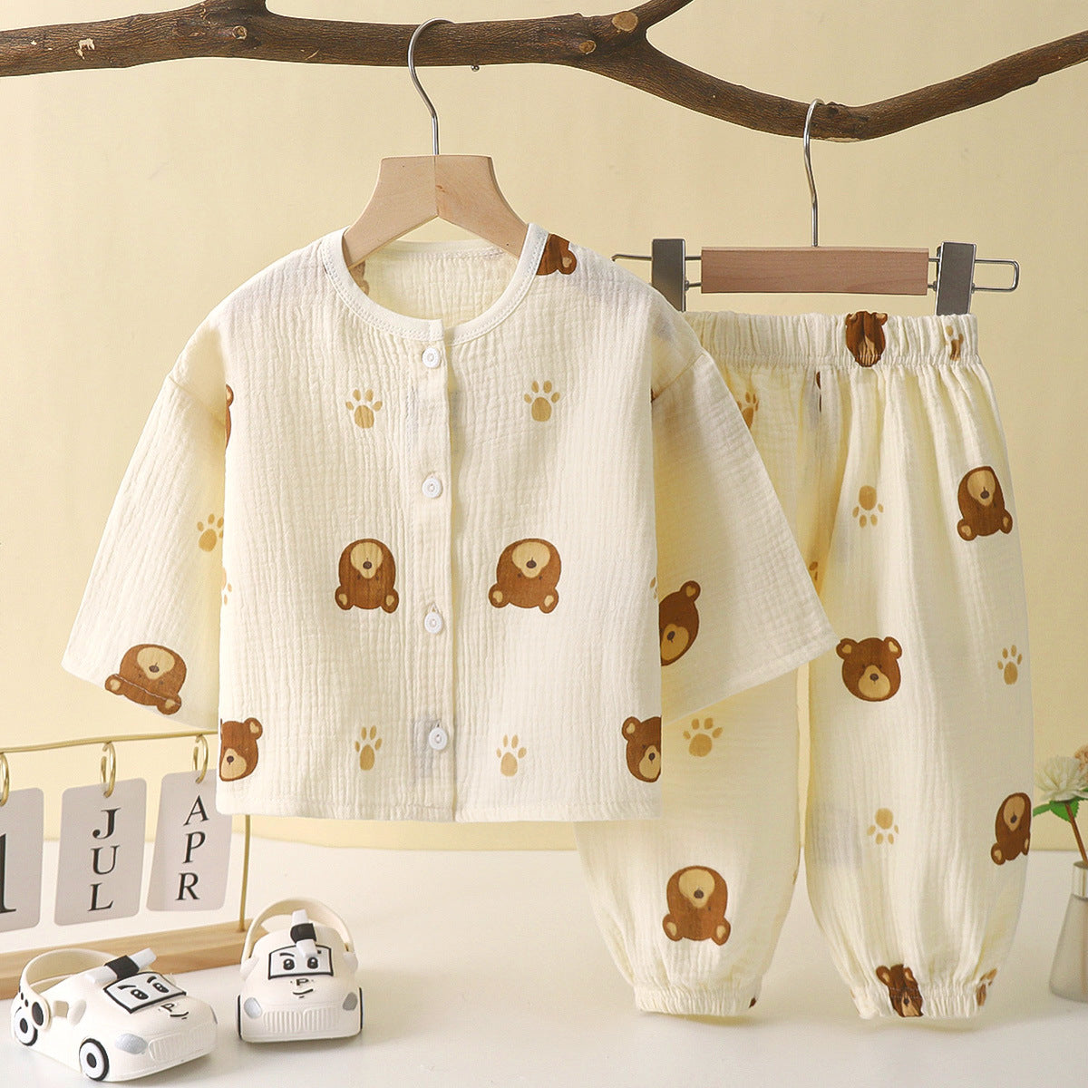 Children's thin double-layer cotton gauze boy's pajamas summer girl's home clothes boy's baby long-sleeved bloomers suit