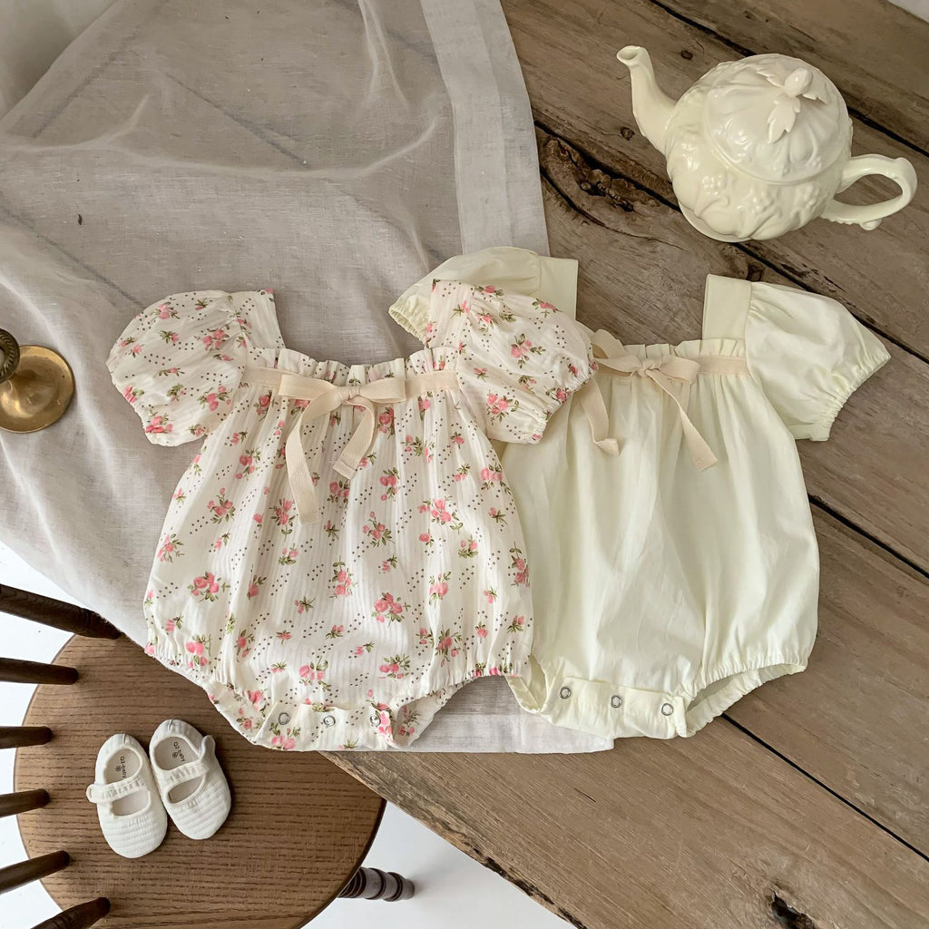 2023 Summer Infant and Toddler Jumpsuit Small Floral Bow Knot Baby Girl Puff Sleeve Harness Covered Romper