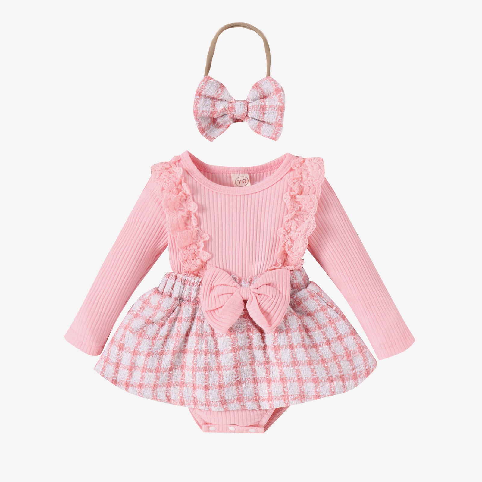 Baoxin children's clothing Xiaoxiang style autumn and winter baby girl lace long sleeve splicing woven plaid skirt bowknot romper