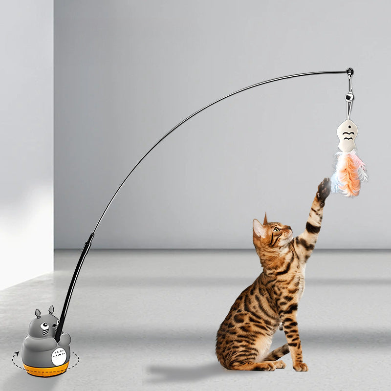 Cartoon chinchilla 360 rotating fishing cat teaser stick self-entertainment replaceable feather long rod cat teaser pet toy