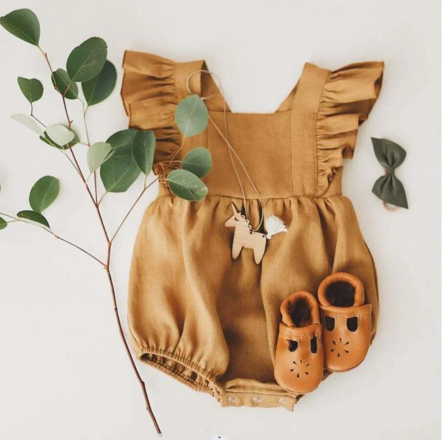 European and American baby cotton and linen romper jumpsuit crawling clothes ruffled straps fart clothes Amazon baby romper