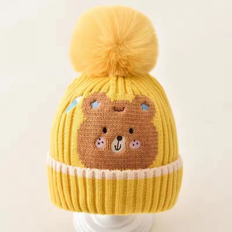 New autumn and winter children's warm hats cute bear double ball hats infant baby warm ear protection knitted wool hat