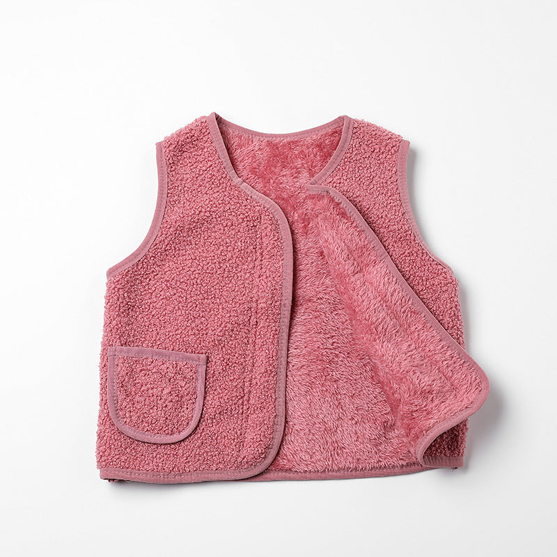 2024 autumn and winter new style boys plus velvet baby waistcoat children's outer wear lambskin vest girls warm cotton vest