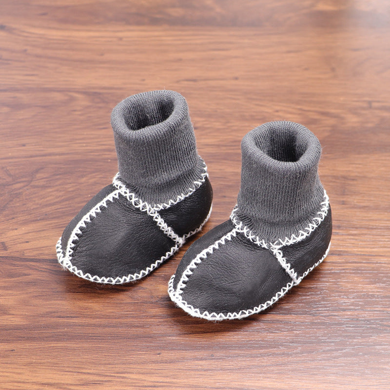 Sheepskin and fur integrated baby shoes and socks keep warm and velvet autumn and winter baby cotton shoes soft soles will not fall off toddler shoes newborn