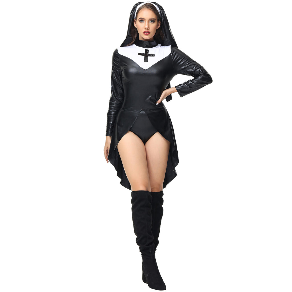 S-XXL Halloween leather nun costume PU leather punk nun costume Nun costumeCOS uniform
