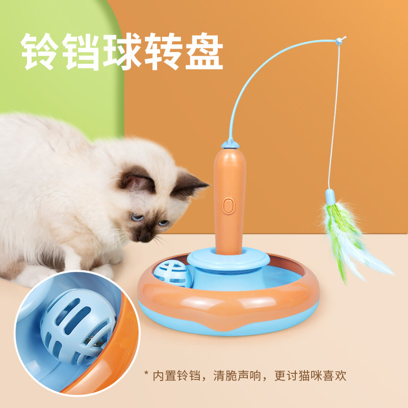 Pet electric cat teaser rod feather fishing rod rotating cat turntable cat special toy self-hi play plate cat teaser ball