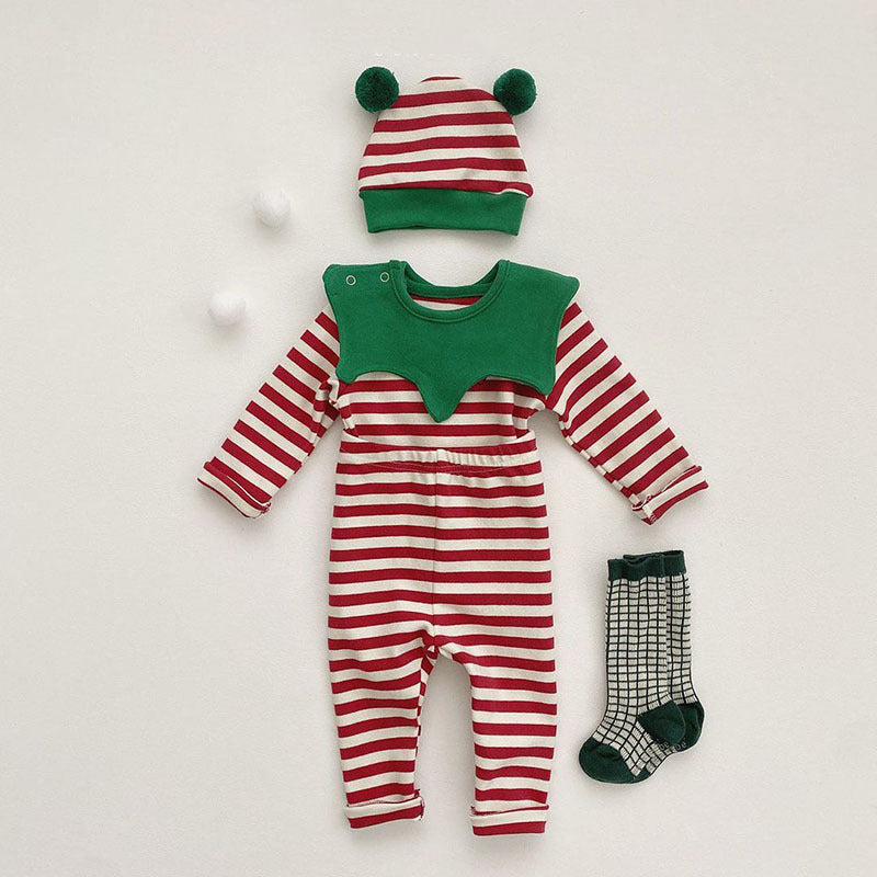 Korean version autumn and winter newborn baby children's Christmas long-sleeved four-piece suit striped pants detachable hood romper children's set