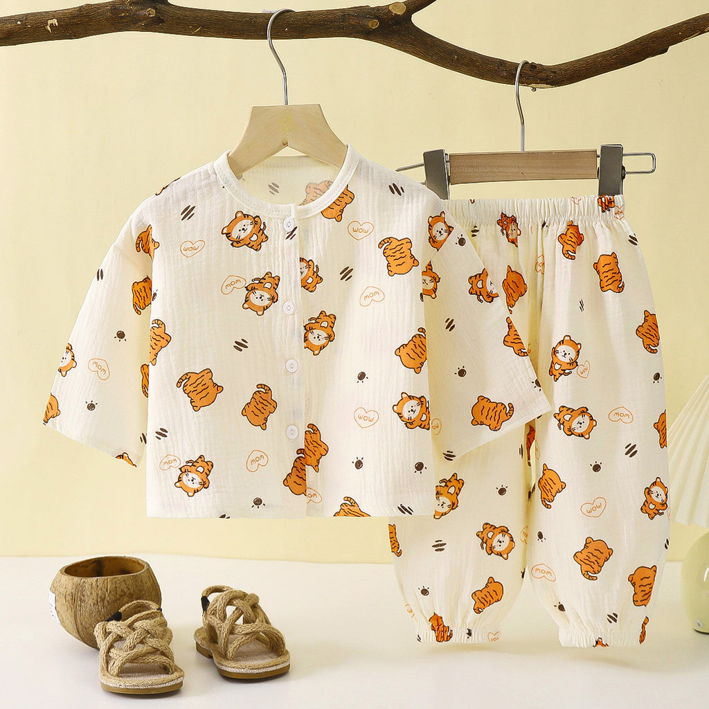 Children's thin double-layer cotton gauze boy's pajamas summer girl's home clothes boy's baby long-sleeved bloomers suit