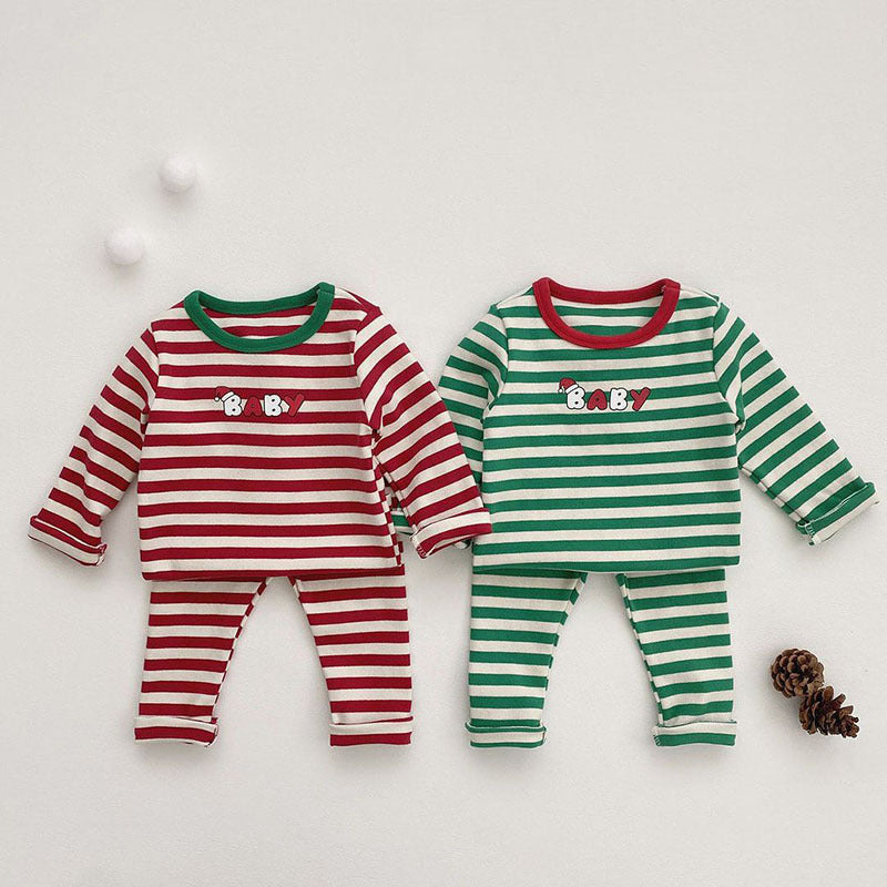 Korean version autumn and winter newborn baby children's Christmas long-sleeved four-piece suit striped pants detachable hood romper children's set
