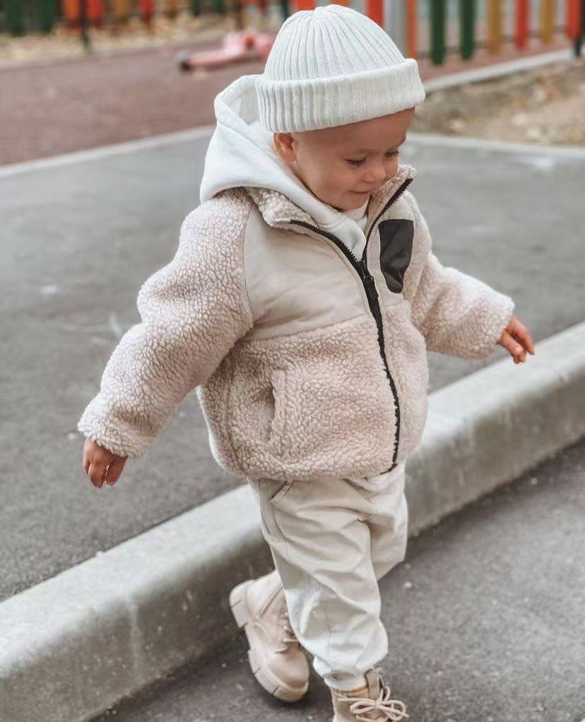 Children's clothing children's winter cotton-padded coat baby girl loose splicing lamb wool plus velvet sweater neutral thick warm coat